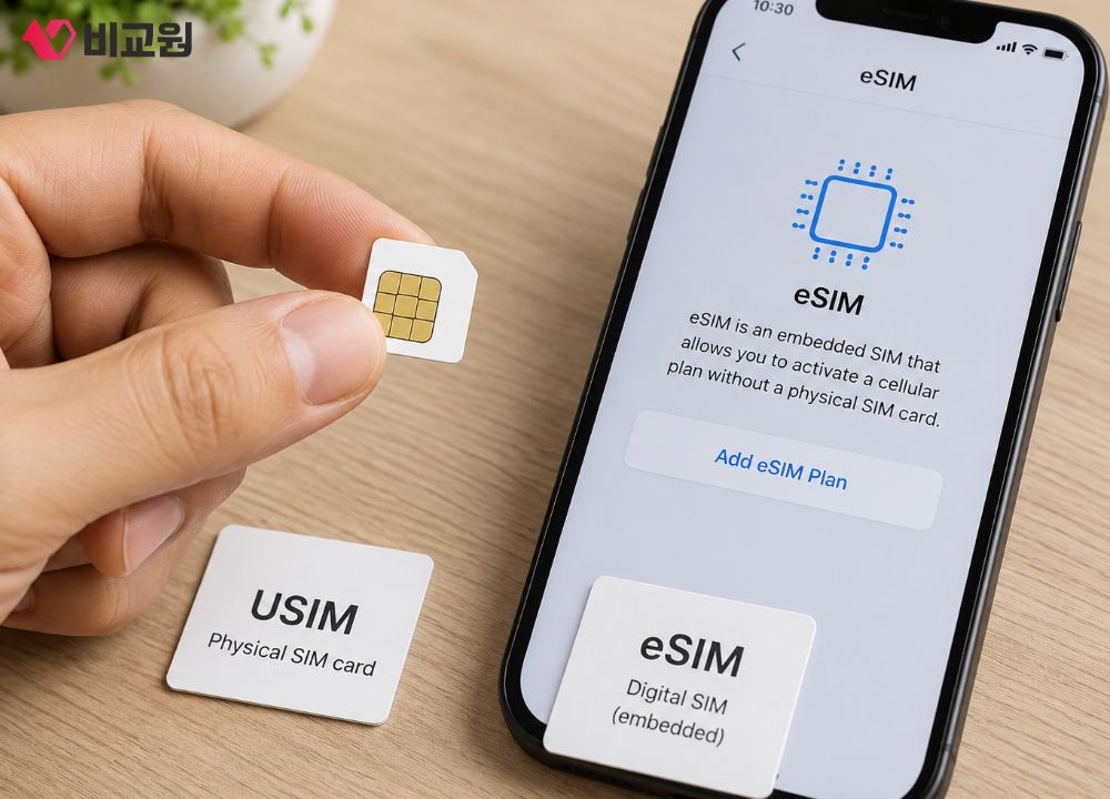 휴대폰 eSIM과 유심의 차이를 설명하는 이미지