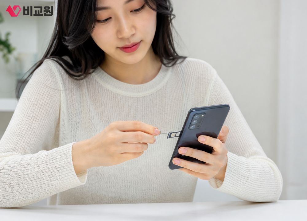 휴대폰 개통 후 유심을 장착해 스마트폰을 사용하는 준비를 하는 사용자 이미지