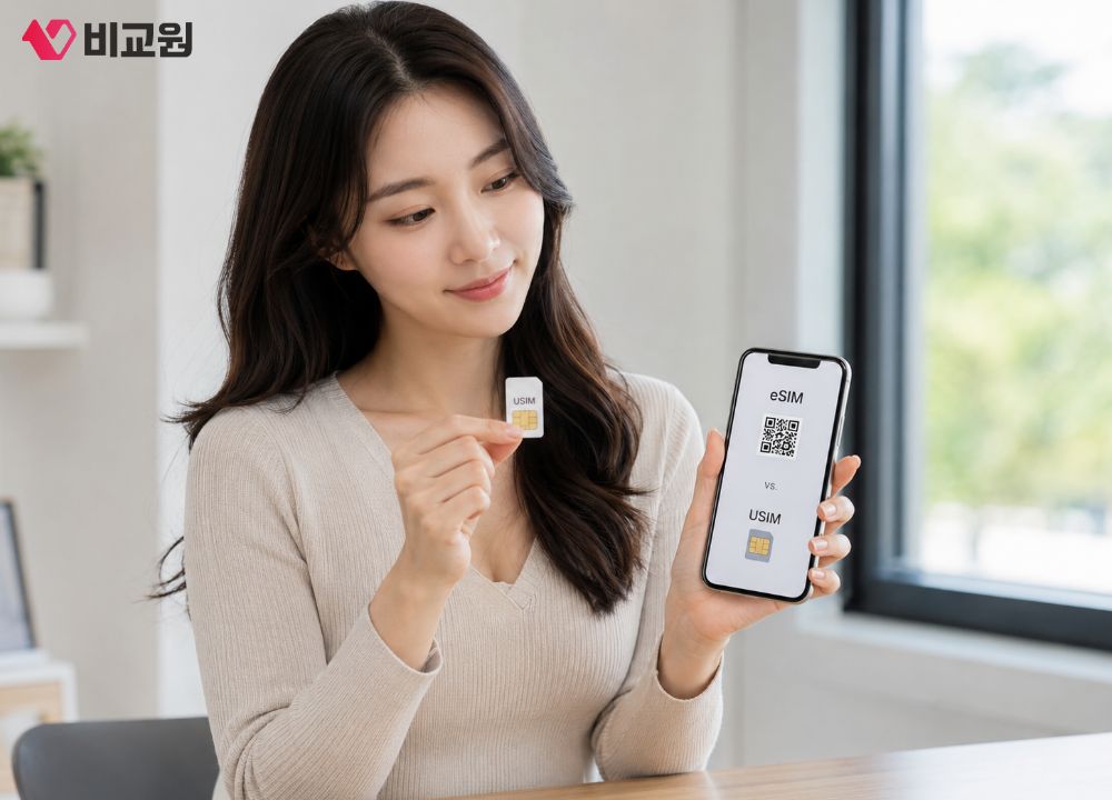 유심과 eSIM 비교를 위해 휴대폰과 유심카드를 보여주는 이미지